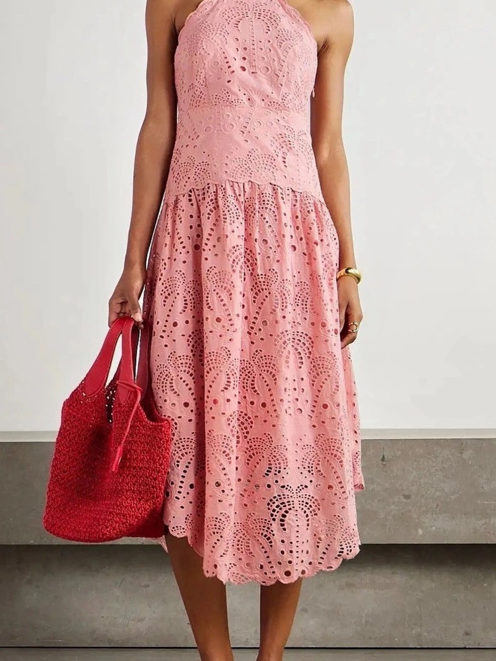 Farm Rio Eyelet Halter Midi Dress in Pink